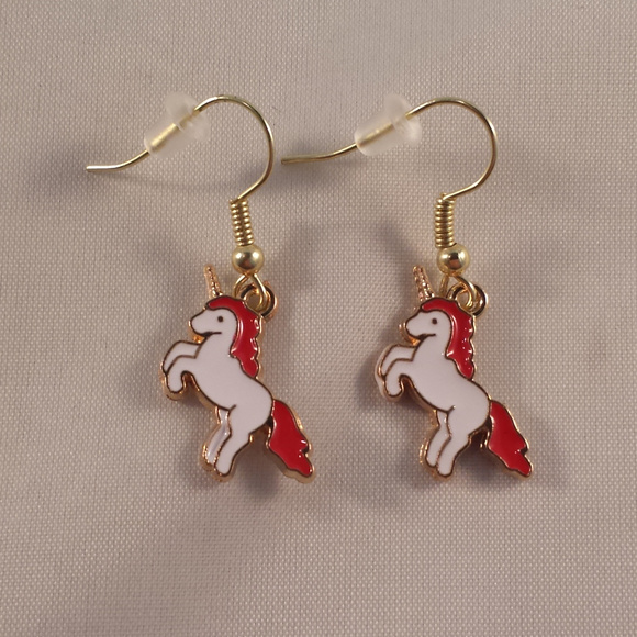 Gold Plated Red Unicorn Horse Charm Dangle Earrings Party Gift - Picture 2 of 2